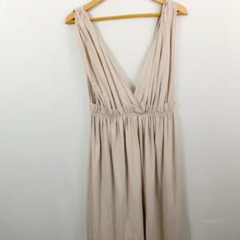NWT ZARA Cotton Plunging V Neck Beige Taupe Midi Dress - Medium